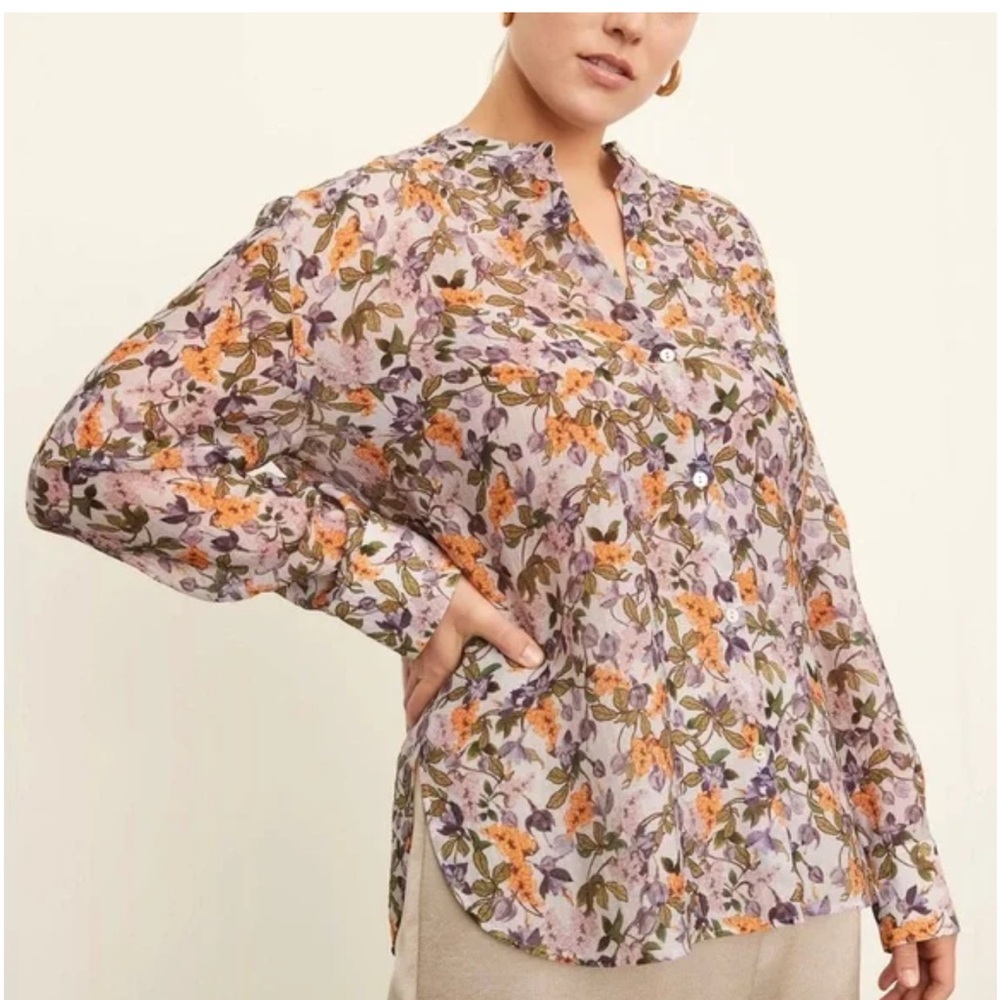 VINCE Wisteria Vine Relaxed Band Collar‎ Floral Button Blouse Women's Size Large